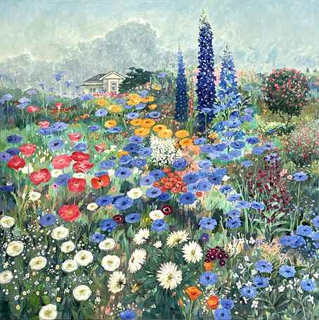 Graham Downs nz landscape art, flower garden, oil on canvas